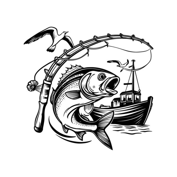 Динамическая рыболовная векторная иллюстрация с участием прыгающей рыбы, стержня, лодки и чаек в детальном винтажном стиле. Перфект для рыбаков, энтузиастов на открытом воздухе и любителей морского искусства. Отлично подходит для печати футболок, логотипов, цифровой загрузки и классических ретро-фиши