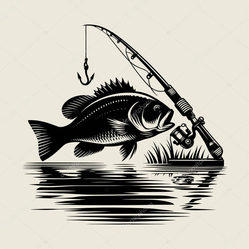 Dynamic fishing vector illustration showing fish leaping near rod and hook in vintage black style. Perfect for anglers, outdoor lovers, and marine design projects. Great for t shirt prints, logos, digital download artwork, and classic retro fishing t