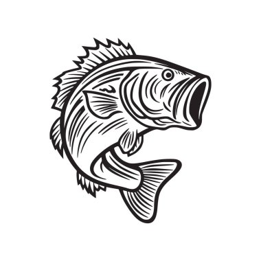 Kalın siyah beyaz çizgili balık resimleriyle süslü bir levrek çizimi. Gömlek izleri, balıkçı logoları, açık hava sporları ve balıkçı hobisi projeleri için mükemmel. Balıkçılar, deniz hayatı aşıkları ve kutlayan yaratıcı tasarımlar için harika. 