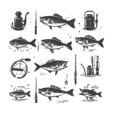 Klasik balık tutma vektör illüstrasyonunda balık, çapa, çubuk ve kancalar klasik oymacılık tarzında gösteriliyor. Tişört baskıları, posterler, çıkartmalar ve deniz sanatları için mükemmel. Balıkçılar, spor balıkçılığı hayranları ve yaratıcı açık hava macera tasarımları için harika.