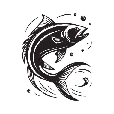 Dinamik balık ana hatları, temiz siyah beyaz çizgi sanat tarzında vektör çizimi. Gömlek tasarımı, balıkçı logoları, vahşi yaşam sanat çalışmaları ve deniz temalı grafikler için mükemmel. Macera baskıları, açık hava markaları ve...