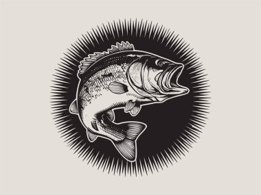 Dairesel bir rozet tasarımı içinde kalın levrek balığı ana hatlı vektör çizimi. Gömlek tasarımı, balıkçılık kulübü logoları, deniz sanatları ve açık hava sporları için mükemmel. Vahşi yaşam grafikleri, doğa baskıları ve macera için yaratıcı çizimler ideal