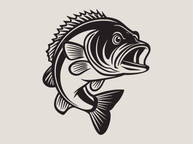 Dairesel bir rozet tasarımı içinde kalın levrek balığı ana hatlı vektör çizimi. Gömlek tasarımı, balıkçılık kulübü logoları, deniz sanatları ve açık hava sporları için mükemmel. Vahşi yaşam grafikleri, doğa baskıları ve macera için yaratıcı çizimler ideal