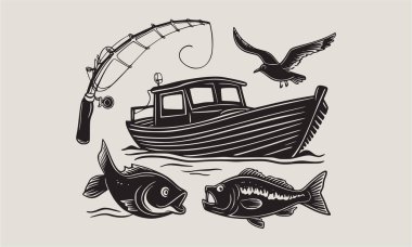 Balıkçı teknesi martı oltası ve kancalar içeren siyah ve beyaz balıkçı teknesi seti. Logo tasarımı için mükemmel kancalar. Açık hava macera izleri, deniz ürünleri markaları ve deniz ürünleri temaları balıkçılık ve denizcilik projeleri için ayrıntılı çizimler.