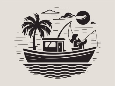 Balıkçı teknesi martı oltası ve kancalar içeren siyah ve beyaz balıkçı teknesi seti. Logo tasarımı için mükemmel kancalar. Açık hava macera izleri, deniz ürünleri markaları ve deniz ürünleri temaları balıkçılık ve denizcilik projeleri için ayrıntılı çizimler.