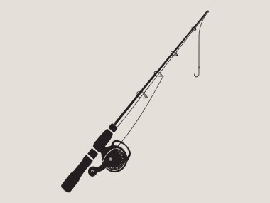 Siyah-beyaz siluet şeklinde minimalist olta ve makaralı resim tasarımı. Açık hava aşığı tasarımları, tişört izleri, çıkartmalar ve vektör el sanatları için mükemmel. Basit temiz çizimlerden hoşlanan balıkçılar ve balıkçılar için harika. 