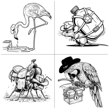 Esprili kovboy hayvanların detaylı vektör çizimi. Bir flamingonun fare içmesi matara taşıması eyerli bir karınca ve kilitli hazine sandığını koruyan bir papağan. Gömlek baskısı veya boyama sayfaları için ideal.