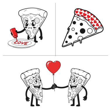 cute valentine pizza illustration set with heart shaped pizza topped with little hearts kawaii pizza slices holding red hearts and adorable pizza and soda couple sharing love perfect for cards and t shirts