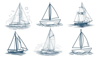 Hand drawn sailing boat line art vector set with yachts and ships on sea waves, suitable for nautical themes, summer projects, travel designs, posters, prints, branding, and decorative illustrations.