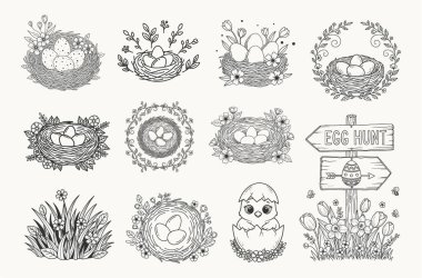 A collection of hand-drawn vector illustrations for Easter. Includes nests with eggs, chicks hatching, floral elements, and egg hunt signs in an outline line art style. Perfect for graphic design and holiday promotions.