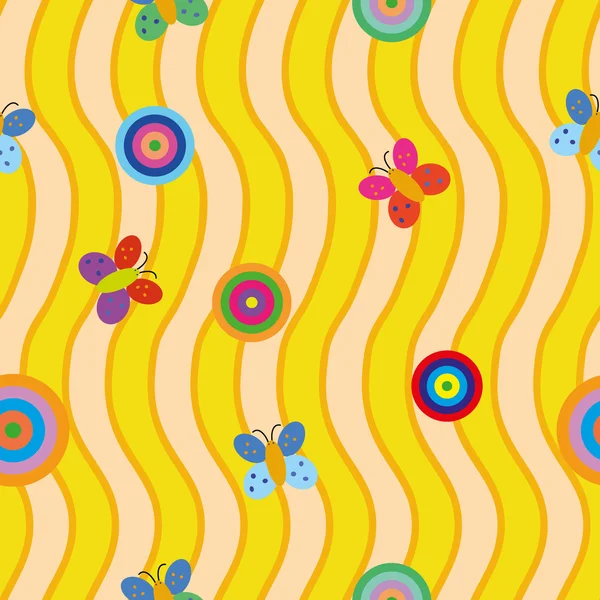 Naadloos patroon met kleurrijke rondes en vlinders op gele achtergrond met golven — Stockvector