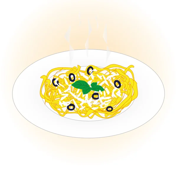 Plato de pasta linguine con queso, aceitunas y albahaca sobre fondo rosa claro — Vector de stock