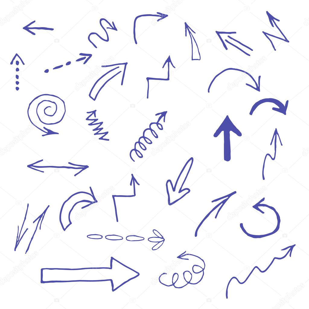 Hand drawn blue arrows icons set on white