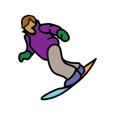 Snowboard çizgi film karakterlerinden biri soldan sağa gidiyor. Siyah çizgi grafik düz renk şeklinde.