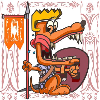 Dog king with armour, a shield holding an eagle standard vector