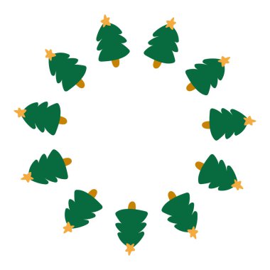 Noel ağacıyla süslü yuvarlak çerçeve. Noel ağaçlarıyla süslenmiş dairesel tatil çerçevesi, kutlama kartları, posterler ve mevsimlik tasarımlar için mükemmel..  