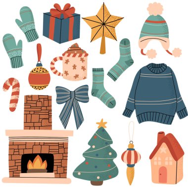 Kış Elementleriyle Samimi Noel Şovu. Şömine, kazak, eldiven, ağaç, hediye ve sıcak içeceklerin yer aldığı, Noel kartları ve posterleri için mükemmel bir resim koleksiyonu..