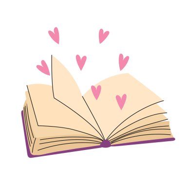 Uçan Kalpler İllüstrasyonlu Açık Kitap. Aşk hikayelerini, hayal gücünü ve sanattaki duygusal ilhamı simgeleyen açık bir kitabın romantik bir tasviri..