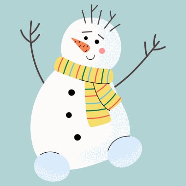 Havuç burunlu ve mavi arka planda renkli atkısı olan düz, şirin bir kardan adam. Neşeli kış karakteri Noel kartları, tatil dekorları, çocuk çizimleri ve şenlik tasarımları için mükemmel..