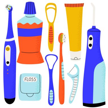 Diş fırçası, diş macunu, diş macunu, diş ipi, diş ipi, dil temizleyicisi ve sulama da dahil olmak üzere renkli düz stil diş bakımı seti. Ağız temizliği, tıbbi grafikler, ambalaj ve klinik malzemeleri için mükemmel.