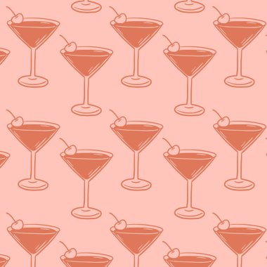 Yumuşak bir retro palette kirazlı kusursuz martini kokteyli. Bar menüsü tasarımı, ambalaj, parti dekorasyonu, tekstil ve şık vintage temalı projeler için ideal.