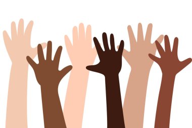 Çeşitli kaldırılmış ellerin düz vektör çizimi birliği, desteği, eşitliği, toplumu, takım çalışmasını ve dahil edilmeyi sembolize eder. Sosyal projeler, kampanyalar, posterler ve eğitim için mükemmel.