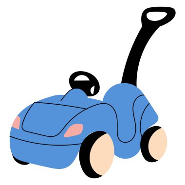 Mavi çocuklar arabaya biniyor. Sevimli itme oyuncağı bebek ürünleri, bebek odası tasarımları, çocuk aktiviteleri ve eğlenceli çizimler için mükemmel..