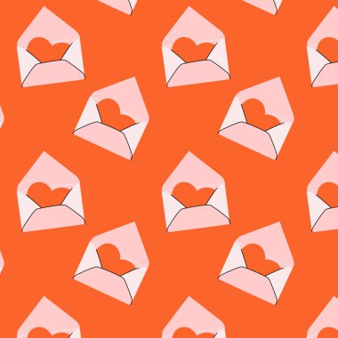 Turuncu arka planda pembe aşk mektubu zarfları olan kusursuz bir desen. Sevimli romantik tasarım Sevgililer Günü kartları, ambalaj kağıdı, tekstil ve şenlikli dekor için mükemmel..