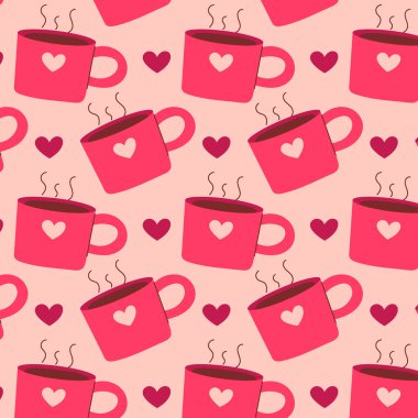 Pembe kahve fincanları ve kalpleri olan kusursuz bir desen. Sevgililer Günü ambalajı, tekstil, ambalaj kağıdı, kırtasiye ve samimi romantik tasarımlar için mükemmel..