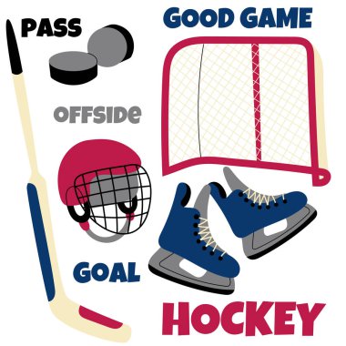 Hokey unsurları paten, kask, sopa, pak ve gol ile ayarlandı. Kış sporu illüstrasyonu oyunlar, posterler, spor markaları ve buz hokeyi tasarımları için mükemmeldir..