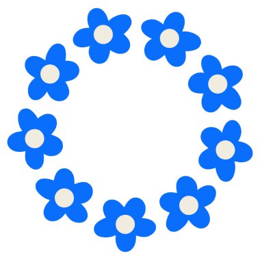 Düz vektör şeklinde şirin mavi çiçek çelengi. Davetiyeler, logolar, tebrik kartları, düğün ve bahar tasarım projeleri için basit çiçek çemberi çerçevesi.