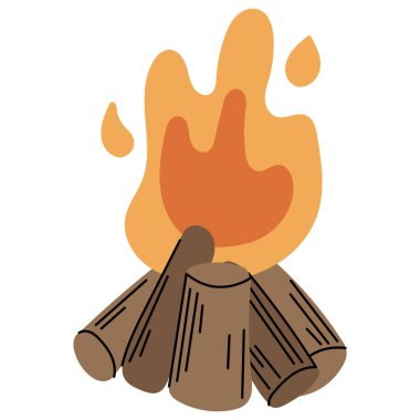 Yanan alevler ve ahşap odunlarla kamp ateşi. Açık hava kamp sembolü seyahat, macera, hayatta kalma, doğa ve yaz etkinliği tasarımı için mükemmeldir..