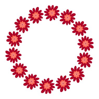 Kırmızı çiçeklerden yapılmış çiçek çelengi. Davetiyeler, düğün tasarımı, tebrik kartları, bahar ve romantik şablonlar için mükemmel dekoratif dairesel çerçeve.