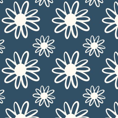Elle çizilmiş papatya çiçekleriyle kusursuz çiçek deseni. Dekoratif bahar arkaplanı tekstil, duvar kağıdı, ambalaj kağıdı ve yüzey tasarımı için mükemmel.
