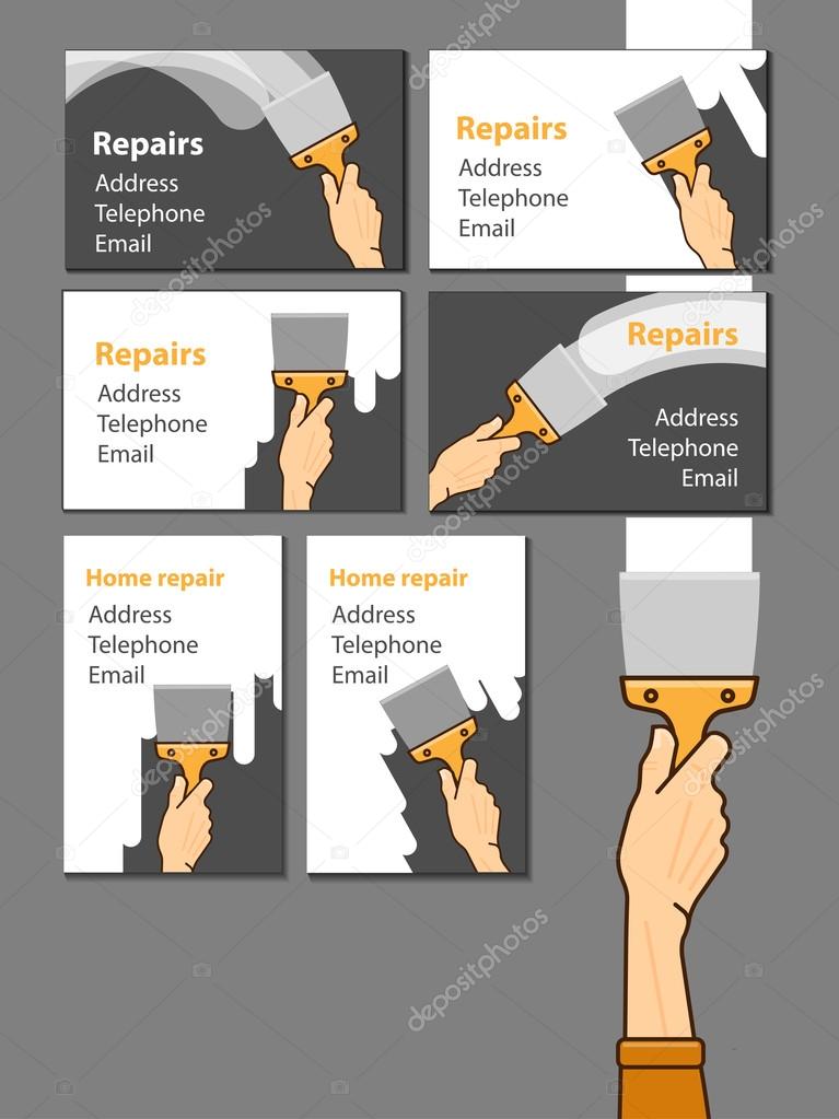 Set of business card. Hand holds putty knife.Wall repairing. Home improvement. Line art.