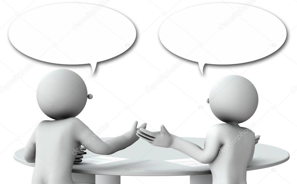 Two people sitting side by side. Discussing the solution. White background. 3D rendering.