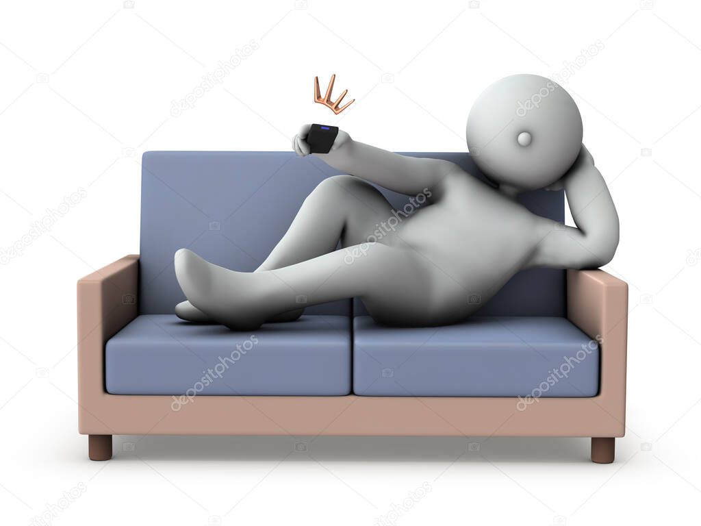 A fat man lying on the couch and zapping. He looks tired and lazy. White background. 3D rendering.