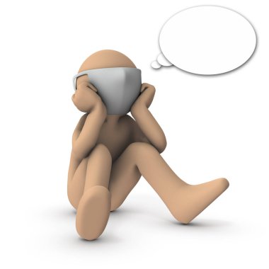 Maske tak. Oturup kendi kendine mırıldanan bir karakter. 3 boyutlu görüntüleme. Beyaz arkaplan. 