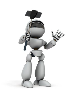 Akıllı telefonla selfie çeken bir robot. Beyaz arka plan. 3B görüntüleme. 