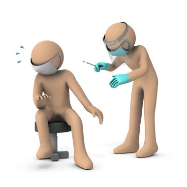 Aşılanmış doktorlar ve hastalar. Hasta şırıngadan korkuyor. Beyaz arka plan. 3B görüntüleme. 