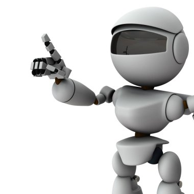 Bir yapay zeka robotu seçip işaret edebilir. Bilişsel fonksiyon. Beyaz arka plan. 3B görüntüleme.