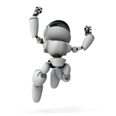 Etkilenip zıplayan yapay zeka robotu. Beyaz arka plan. 3B görüntüleme. 