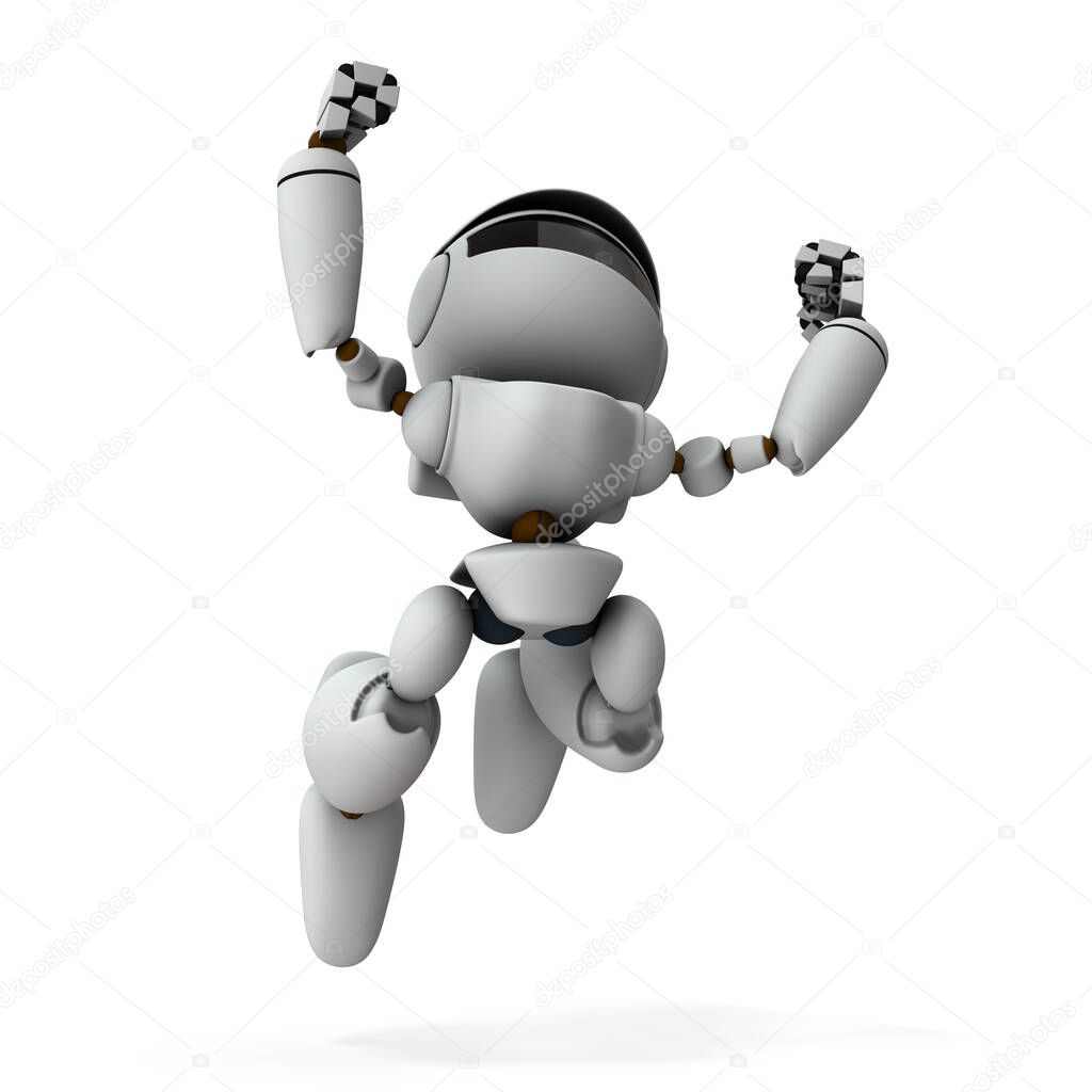 An artificial intelligence robot that impresses and jumps. White background. 3D rendering. 