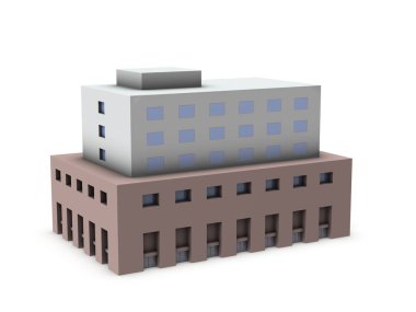 Otelin minyatür bir modeli. Beyaz arka plan. 3B görüntüleme. 