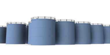 Tedavi edilen su tankları çok sayıda dizildi. Beyaz arka plan. 3B görüntüleme. 