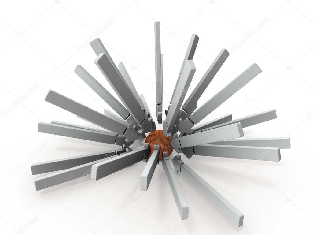 An abstract that represents the core of the attack target. White background. 3D rendering. 