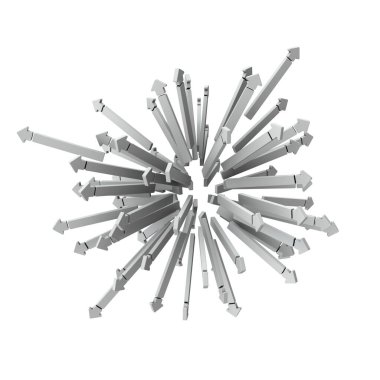 Patlayıcı bir şekilde etrafa saçılmanın etkisini temsil eden bir soyut. Beyaz arka plan. 3B görüntüleme. 