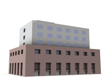 Otelin minyatür bir modeli. Beyaz arka plan. 3B görüntüleme. 