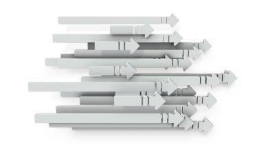 Sağa giden bir sürü ok var. İlerlemeyi temsil eden bir soyut. 3B görüntüleme. 