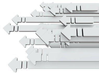 Sola giden bir sürü ok var. İlerlemeyi temsil eden bir soyut. 3B görüntüleme. 